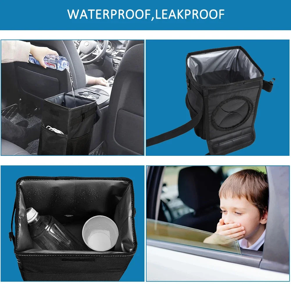Portable Waterproof Car Trash Can with Lid and Pockets Leakproof Multi-Functional Auto Organizer for Vehicle Use