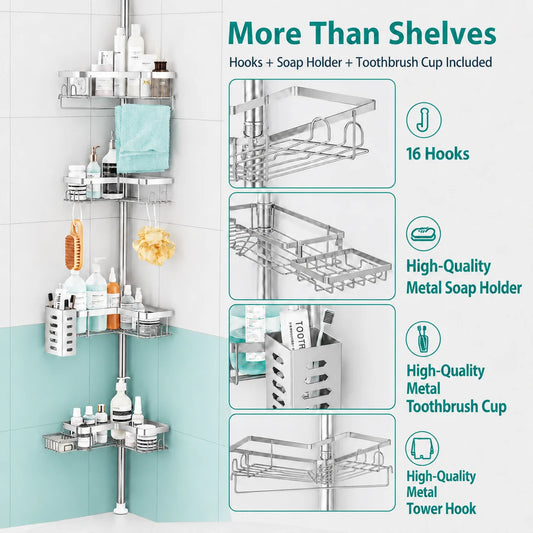 4-Tier Corner Shower Caddy with Tension Pole, Adjustable 30–120 Inch, No-Drill Shower Organizer with Hooks, Soap Holder & Toothbrush Cup, Rustproof Bathroom Caddy (Black)