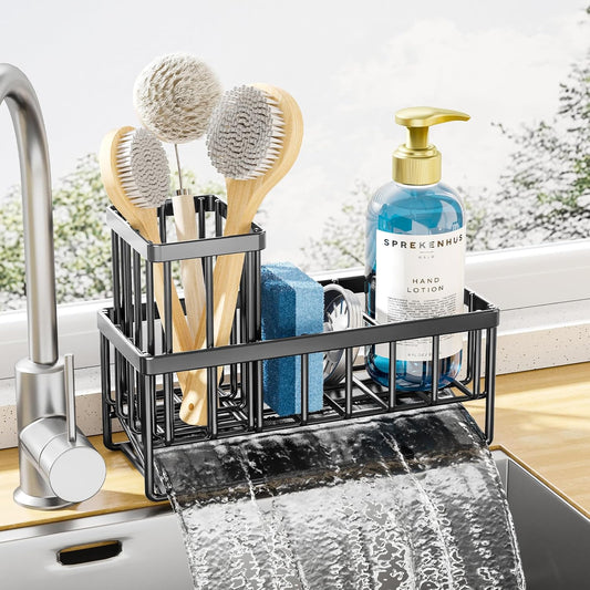 Stainless Steel Kitchen Sink Caddy - Rustproof Sponge & Brush Holder, Black