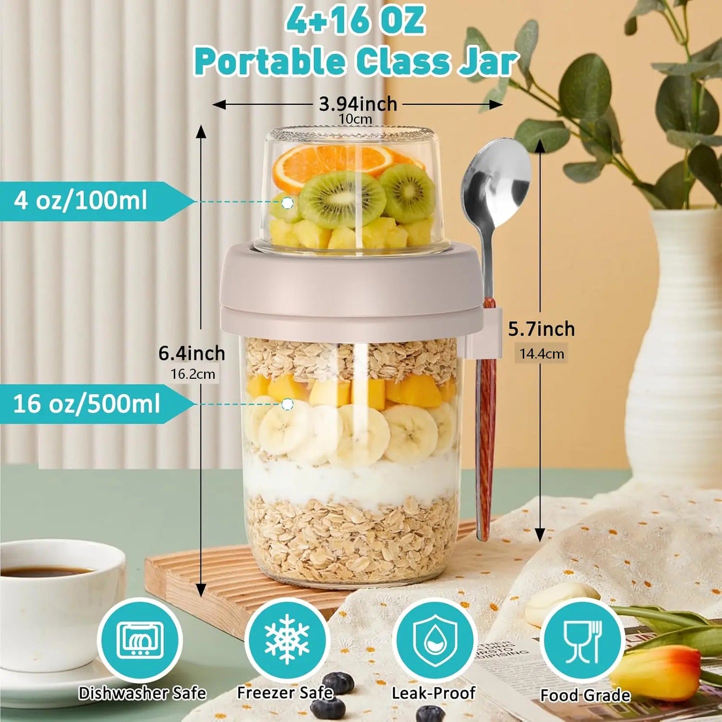 4-Pack Airtight Meal Prep Glass Food Storage Containers Set, 20Oz (16+4) Dual Compartment Anti-Leak Food-Safe Overnight Oats Jars with Lids, Utensil Spoons, Kitchen Accessories for Oats, Yogurt