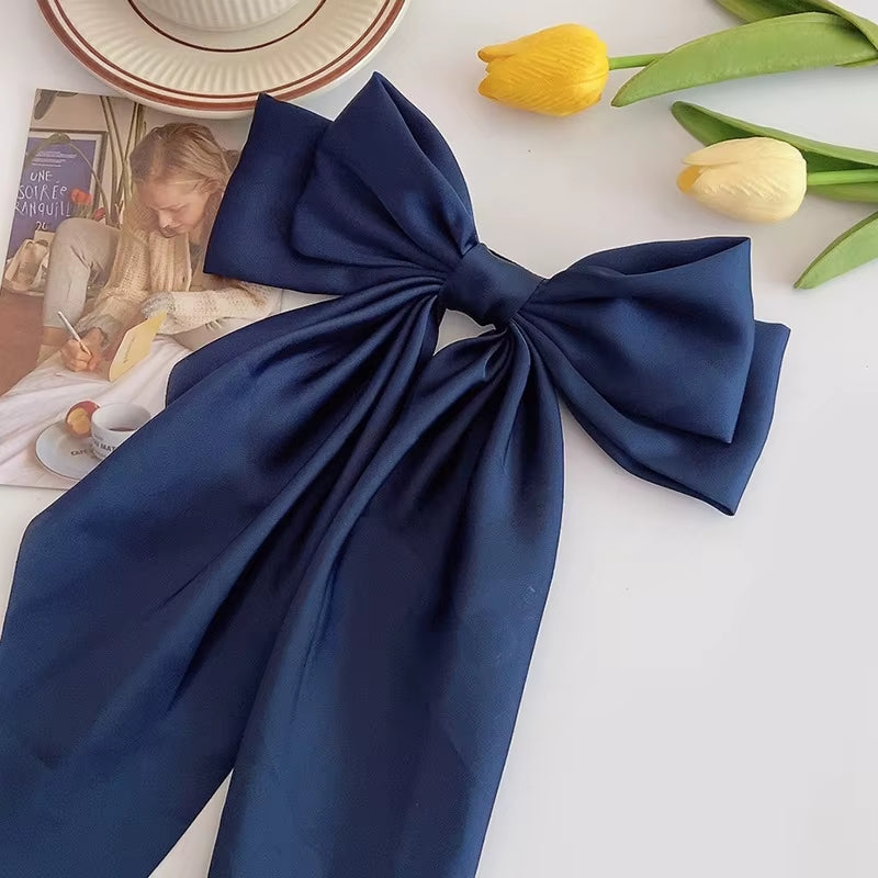 Elegant Solid Large Bow Ribbon Hair Clip for Women Girl Sweet Headbands Soft Satin