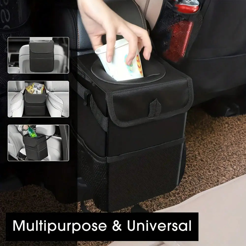 Portable Waterproof Car Trash Can with Lid and Pockets Leakproof Multi-Functional Auto Organizer for Vehicle Use