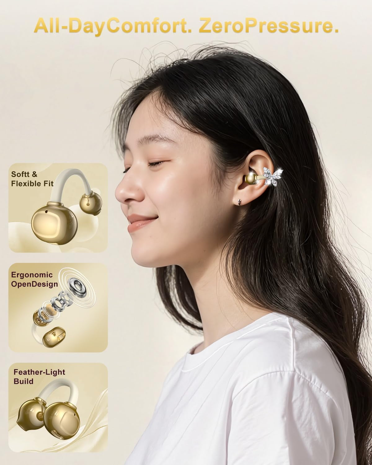 Bluetooth Wireless Open Ear Earbuds: Jewelry Clip on Headphones with Butterfly Earrings - Bluetooth 6.0 IPX5 Waterproof Earphones with Fashion Design Gift for Women Girl Sports and Workouts