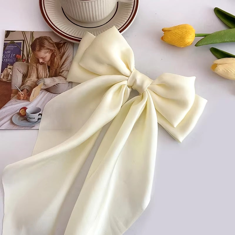 Elegant Solid Large Bow Ribbon Hair Clip for Women Girl Sweet Headbands Soft Satin