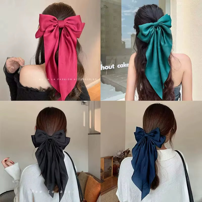 Elegant Solid Large Bow Ribbon Hair Clip for Women Girl Sweet Headbands Soft Satin