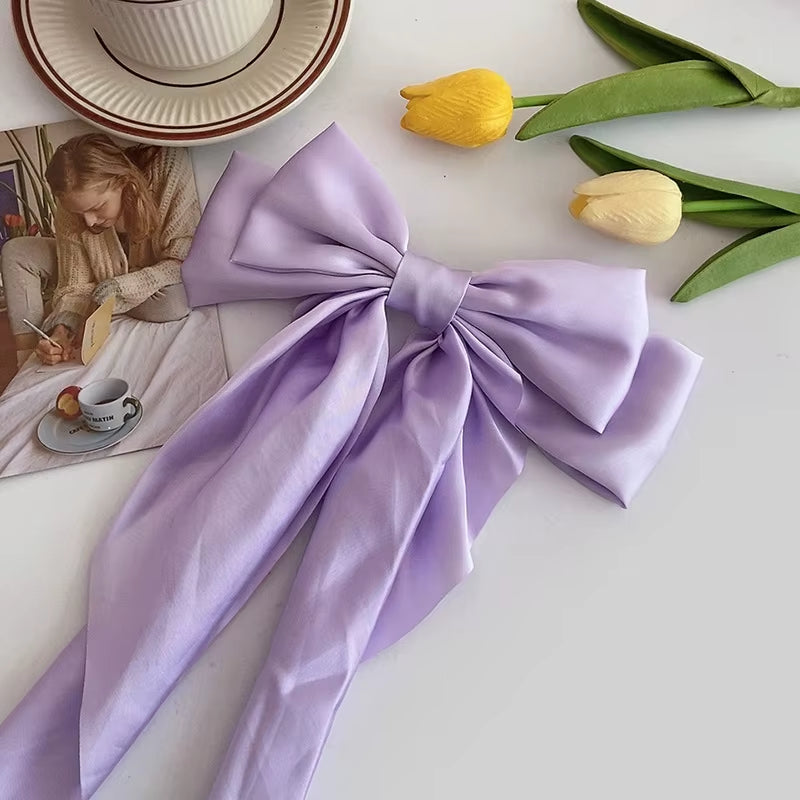Elegant Solid Large Bow Ribbon Hair Clip for Women Girl Sweet Headbands Soft Satin