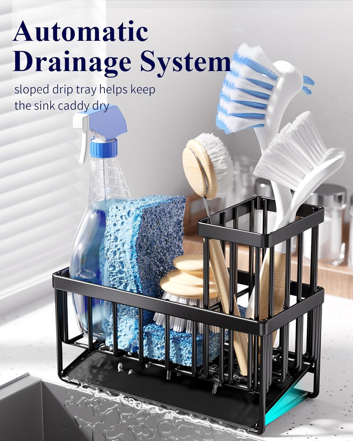 Stainless Steel Kitchen Sink Caddy - Rustproof Sponge & Brush Holder, Black