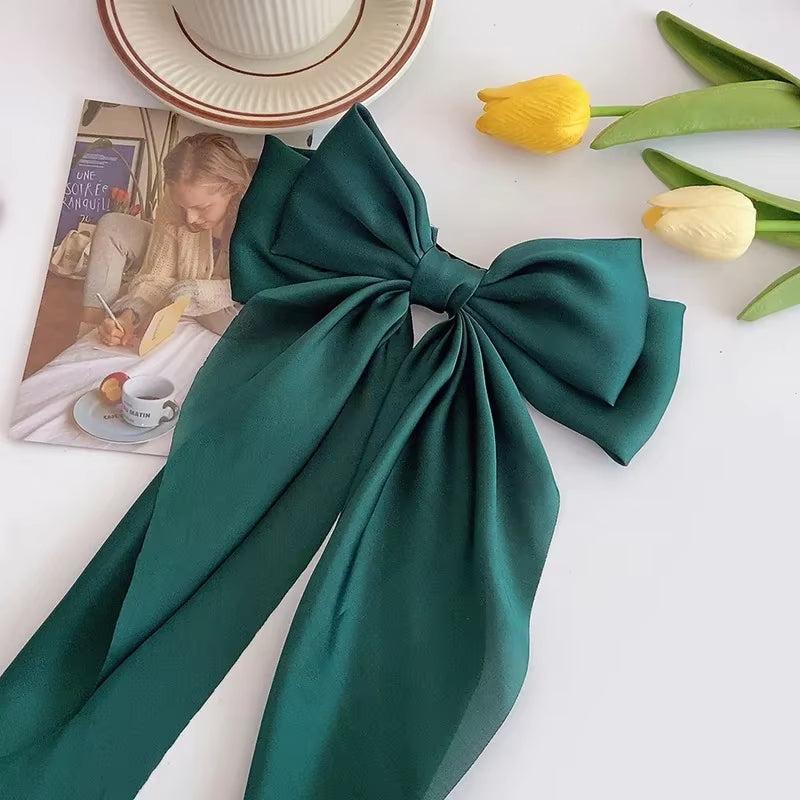 Elegant Solid Large Bow Ribbon Hair Clip for Women Girl Sweet Headbands Soft Satin