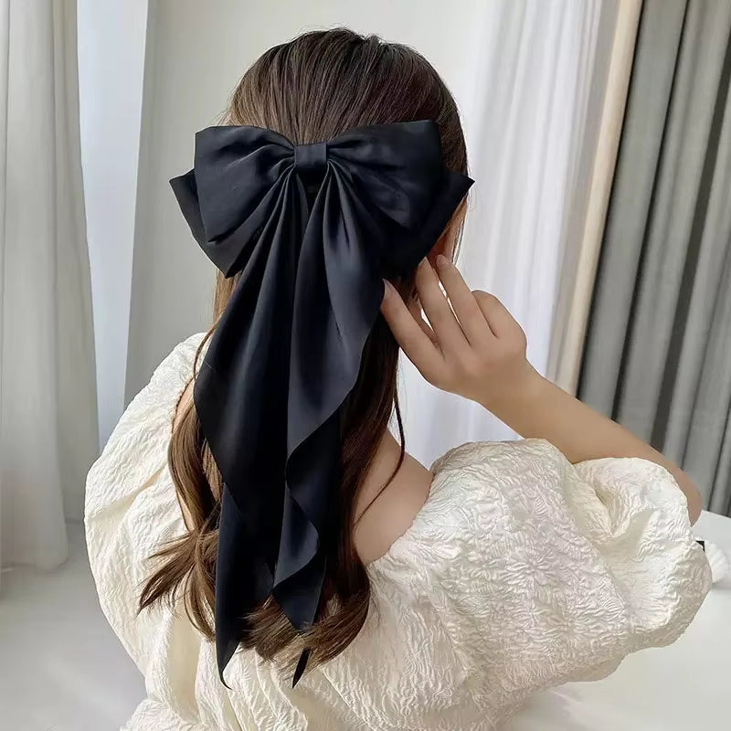Elegant Solid Large Bow Ribbon Hair Clip for Women Girl Sweet Headbands Soft Satin