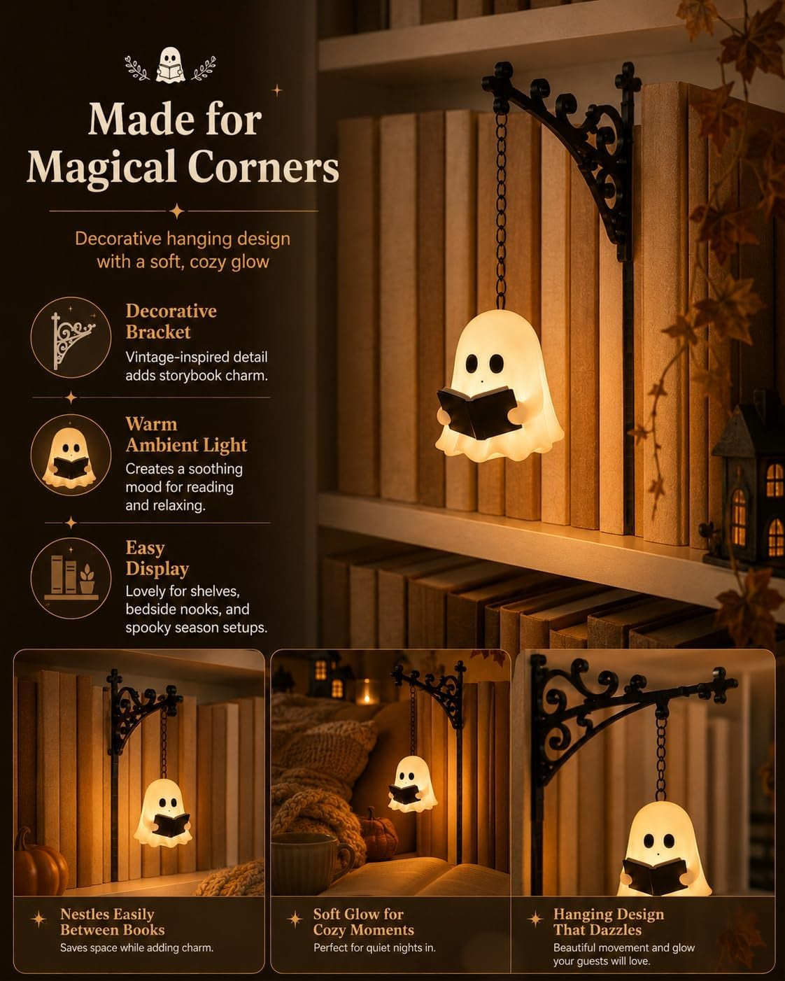 Spooky Ghost Reading Book Lamp Warm LED Night Light for Bookshelf