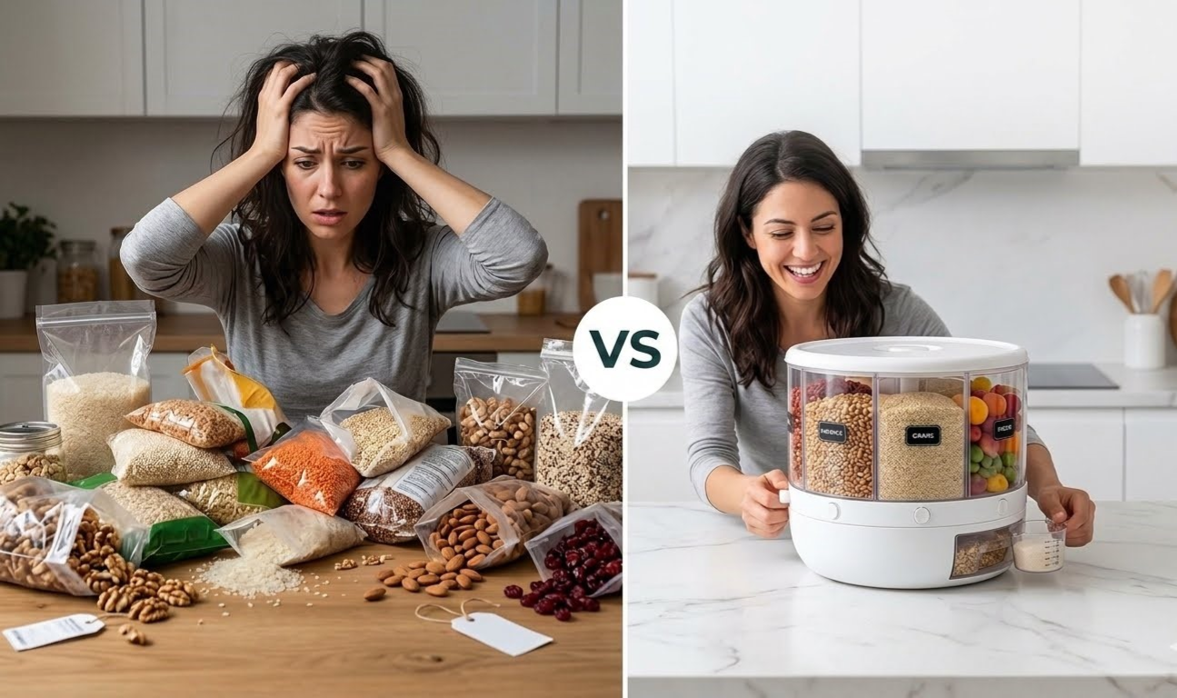 6-Grid Rotating Dry Food Dispenser & Kitchen Countertop Organizer