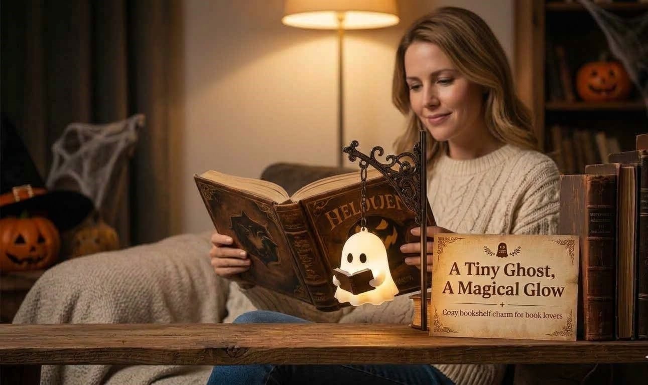 Spooky Ghost Reading Book Lamp Warm LED Night Light for Bookshelf
