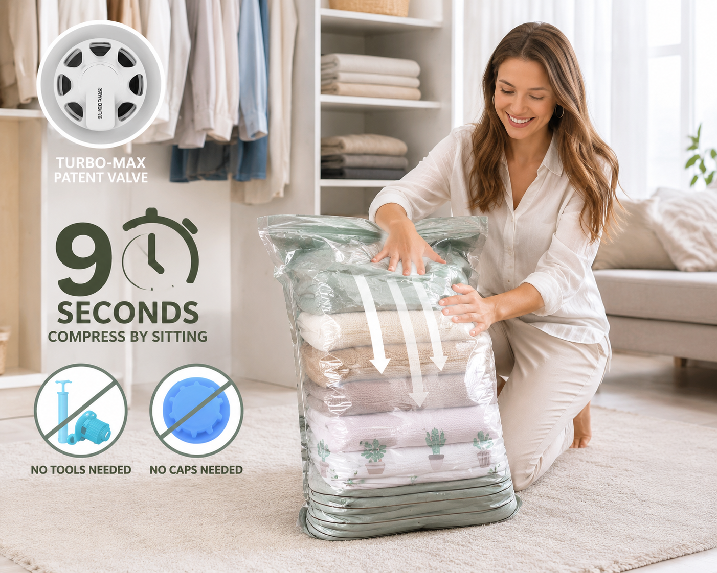 Tool-Free Vacuum Compression Bags for Comforters and Blankets