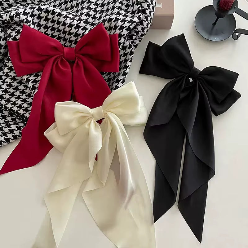 Elegant Solid Large Bow Ribbon Hair Clip for Women Girl Sweet Headbands Soft Satin