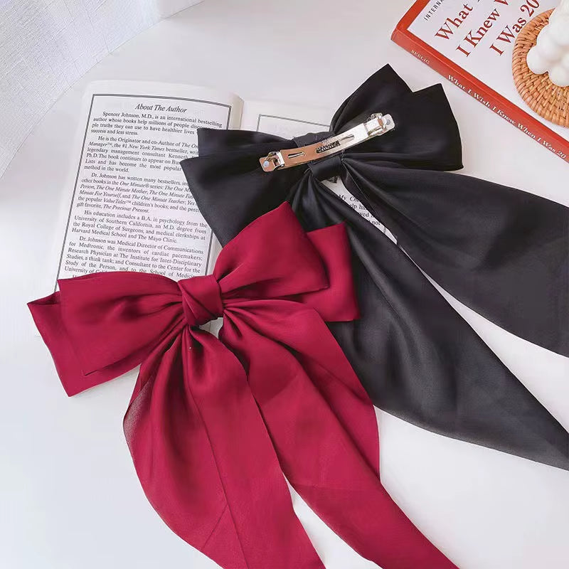 Elegant Solid Large Bow Ribbon Hair Clip for Women Girl Sweet Headbands Soft Satin