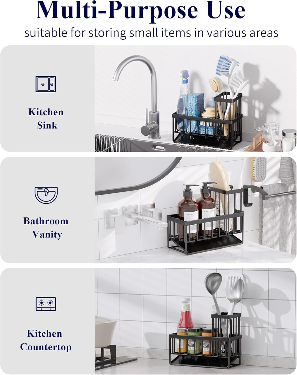 Stainless Steel Kitchen Sink Caddy - Rustproof Sponge & Brush Holder, Black