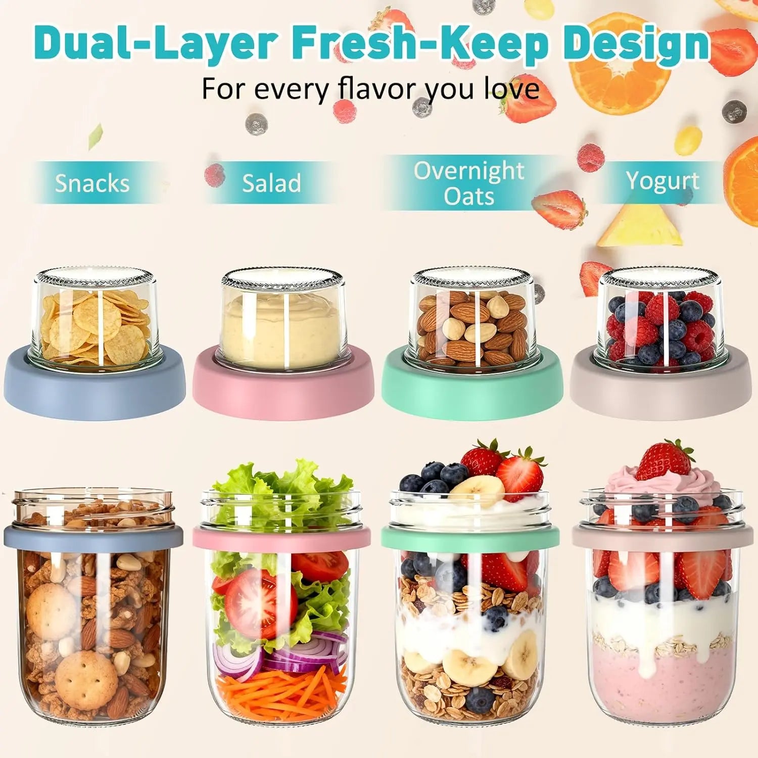 4-Pack Airtight Meal Prep Glass Food Storage Containers Set, 20Oz (16+4) Dual Compartment Anti-Leak Food-Safe Overnight Oats Jars with Lids, Utensil Spoons, Kitchen Accessories for Oats, Yogurt
