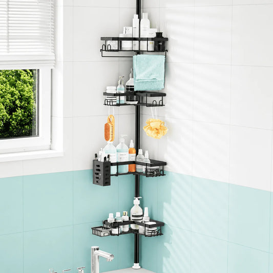 4-Tier Corner Shower Caddy with Tension Pole, Adjustable 30–120 Inch, No-Drill Shower Organizer with Hooks, Soap Holder & Toothbrush Cup, Rustproof Bathroom Caddy (Black)