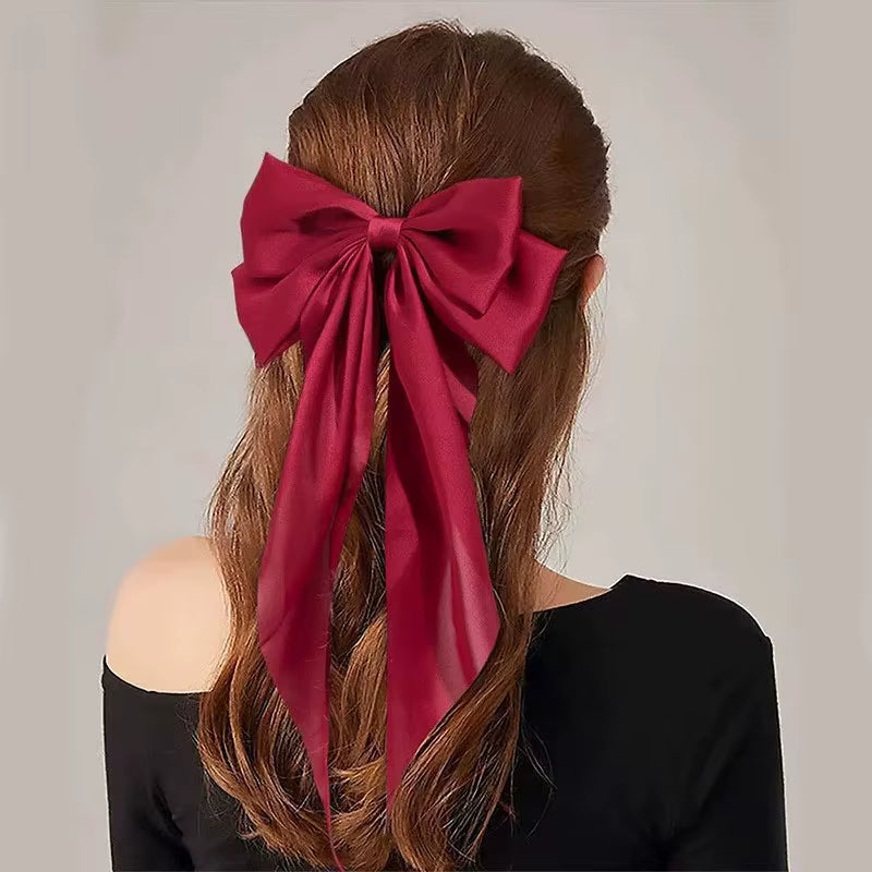 Elegant Solid Large Bow Ribbon Hair Clip for Women Girl Sweet Headbands Soft Satin