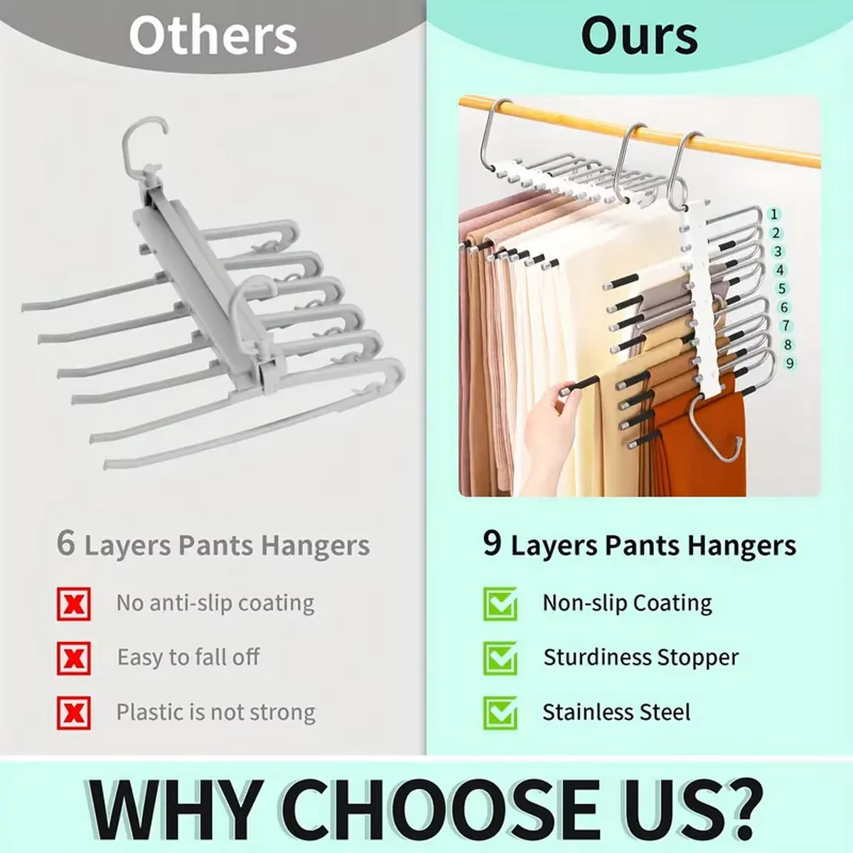 Multifunctional 9-Layer Jeans and Pants Hanger for Closet Organization