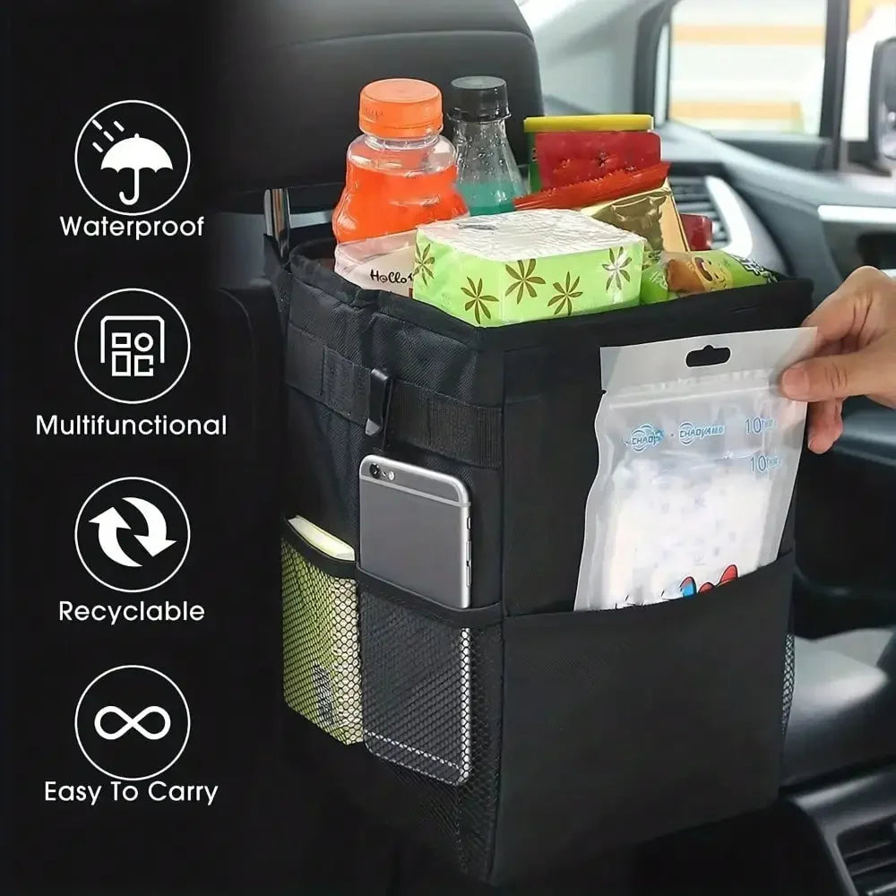 Portable Waterproof Car Trash Can with Lid and Pockets Leakproof Multi-Functional Auto Organizer for Vehicle Use