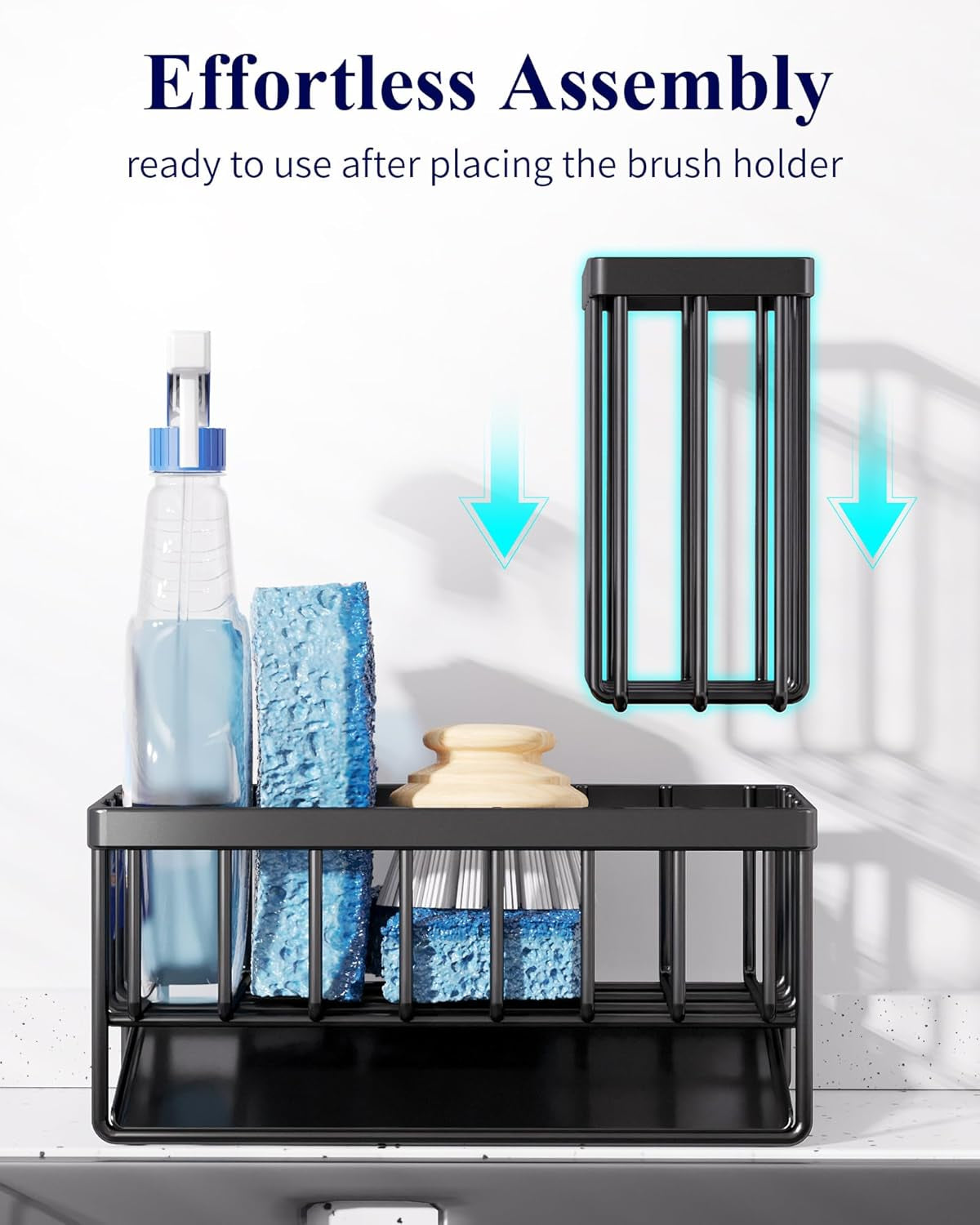 Stainless Steel Kitchen Sink Caddy - Rustproof Sponge & Brush Holder, Black