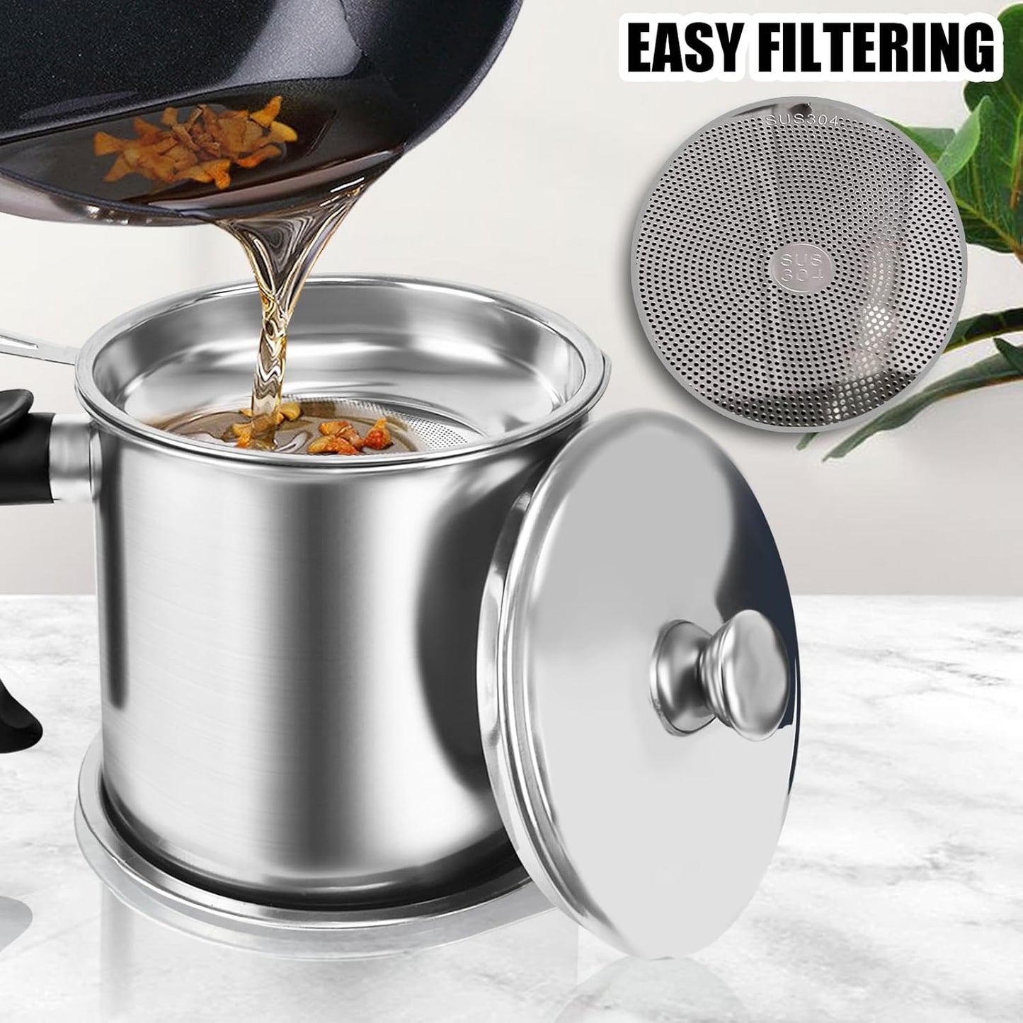 Cooking Oil Storage Canister with Mesh Strainer & Tray | 1.3L