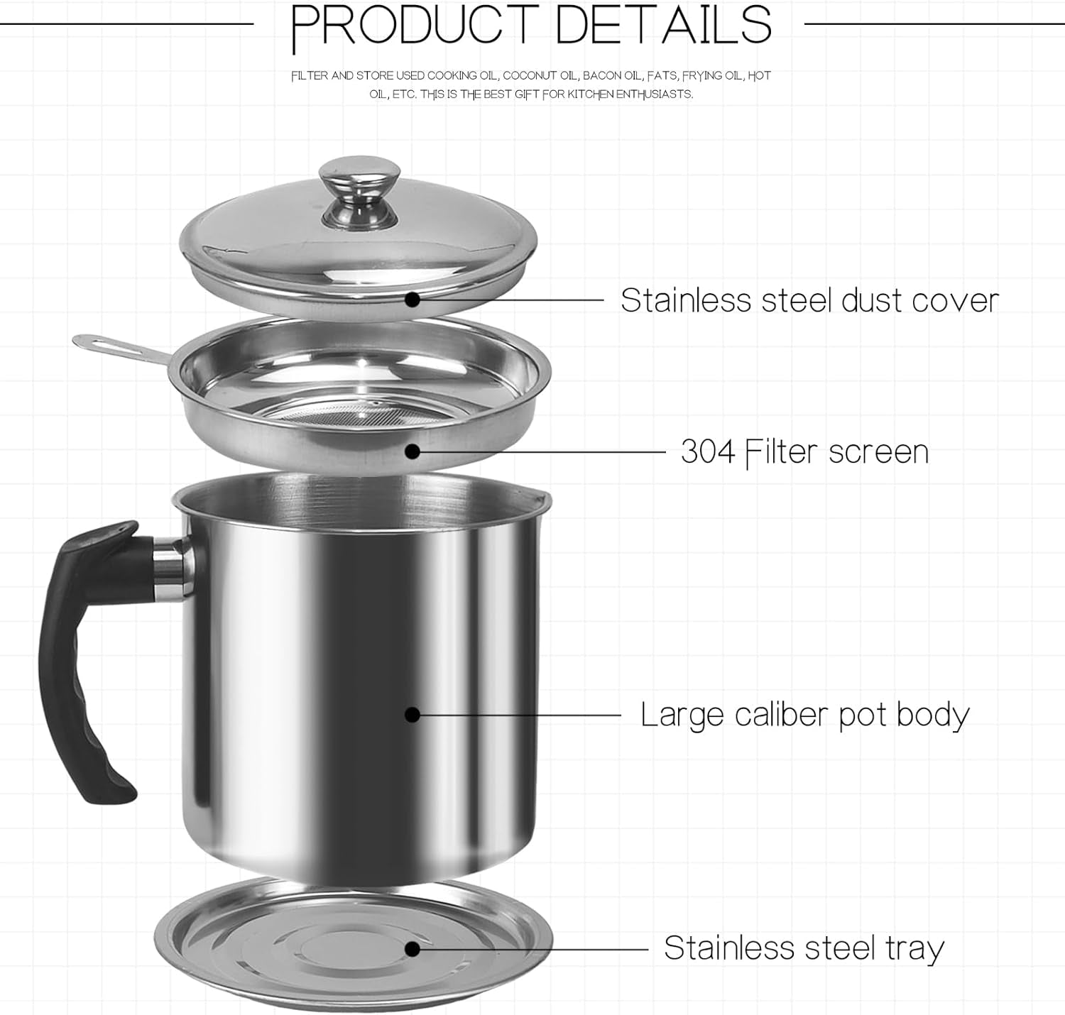 Cooking Oil Storage Canister with Mesh Strainer & Tray | 1.3L