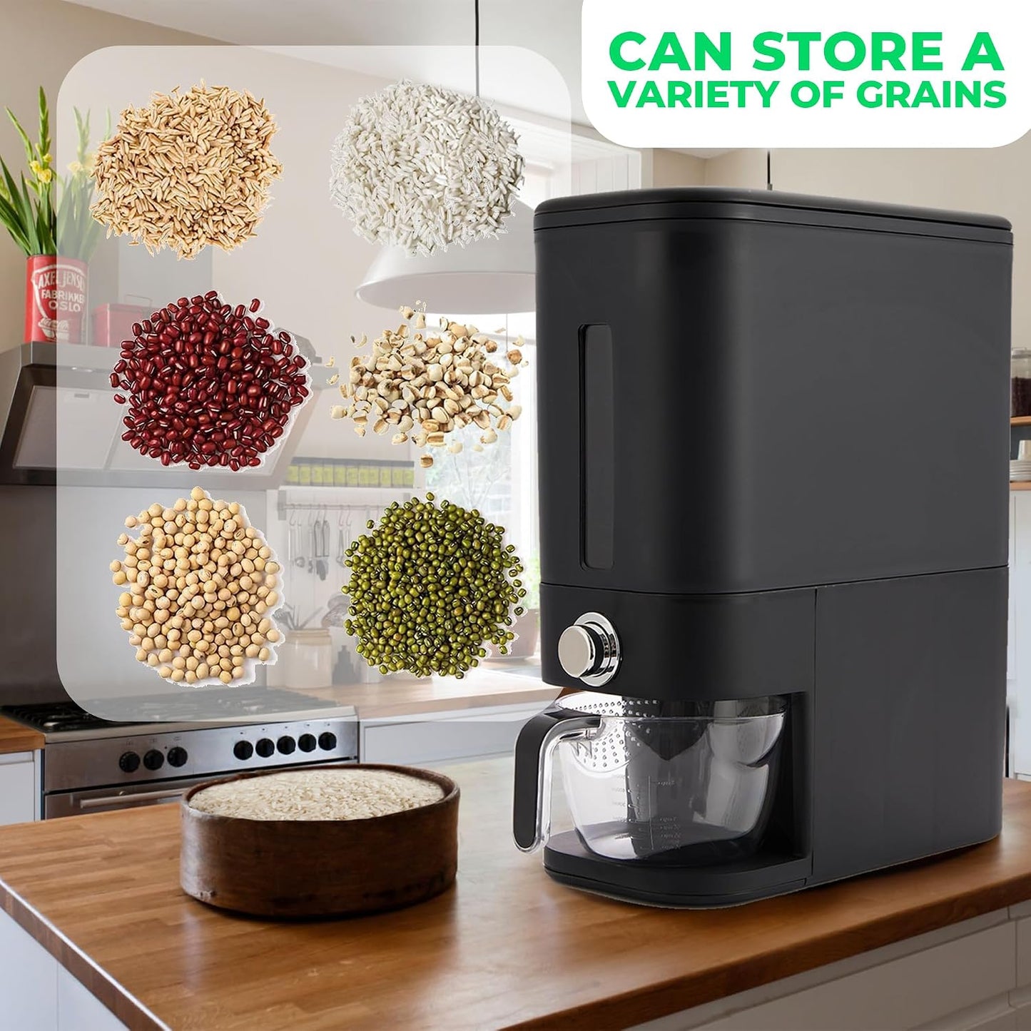 Rice Dispenser 25 Lbs I Rice Storage Container 25 Lbs with Sponge, Scoop & Measuring Cup I Airtight Rice Container with Lid I Best Food Dispenser Rice Bucket I Cereal Dispenser for Pantry