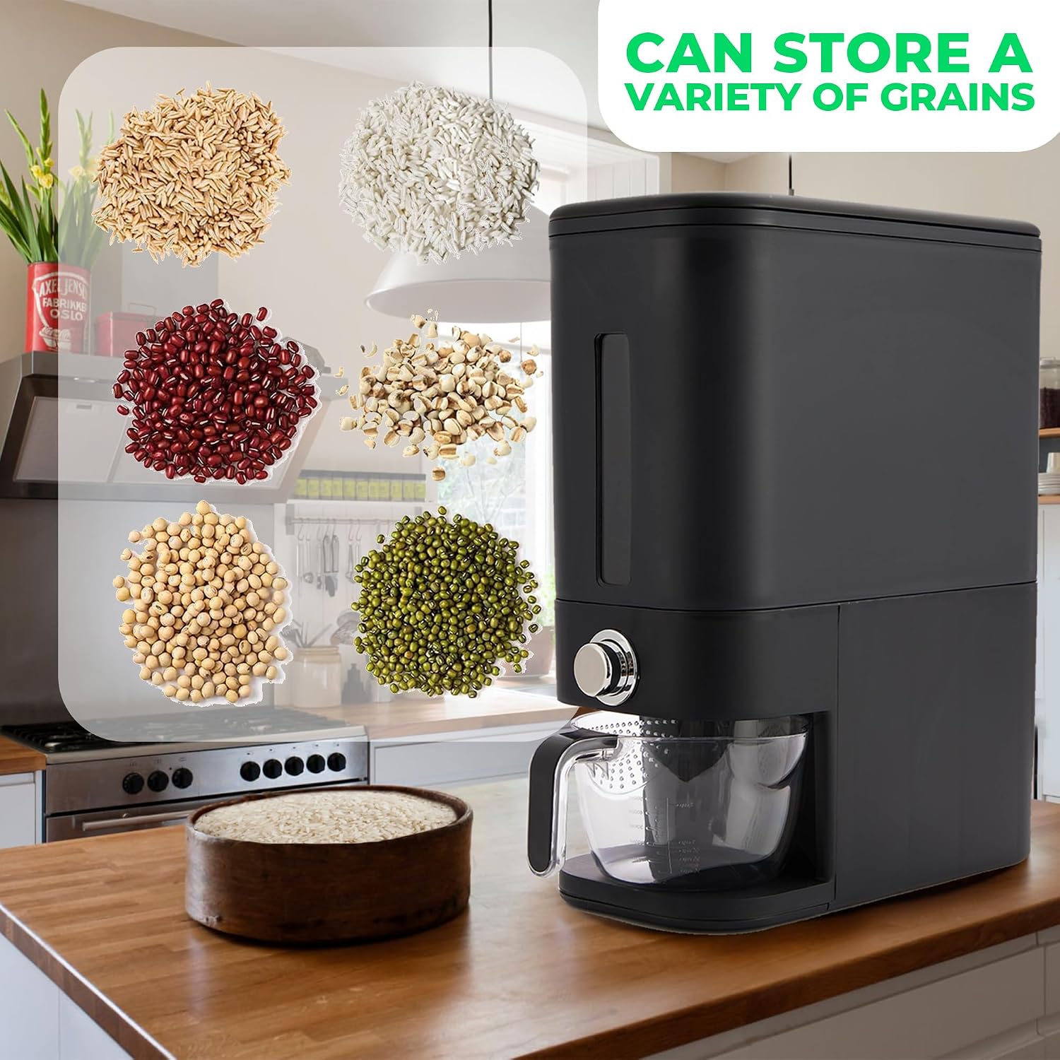 Rice Dispenser 25 Lbs I Rice Storage Container 25 Lbs with Sponge, Scoop & Measuring Cup I Airtight Rice Container with Lid I Best Food Dispenser Rice Bucket I Cereal Dispenser for Pantry