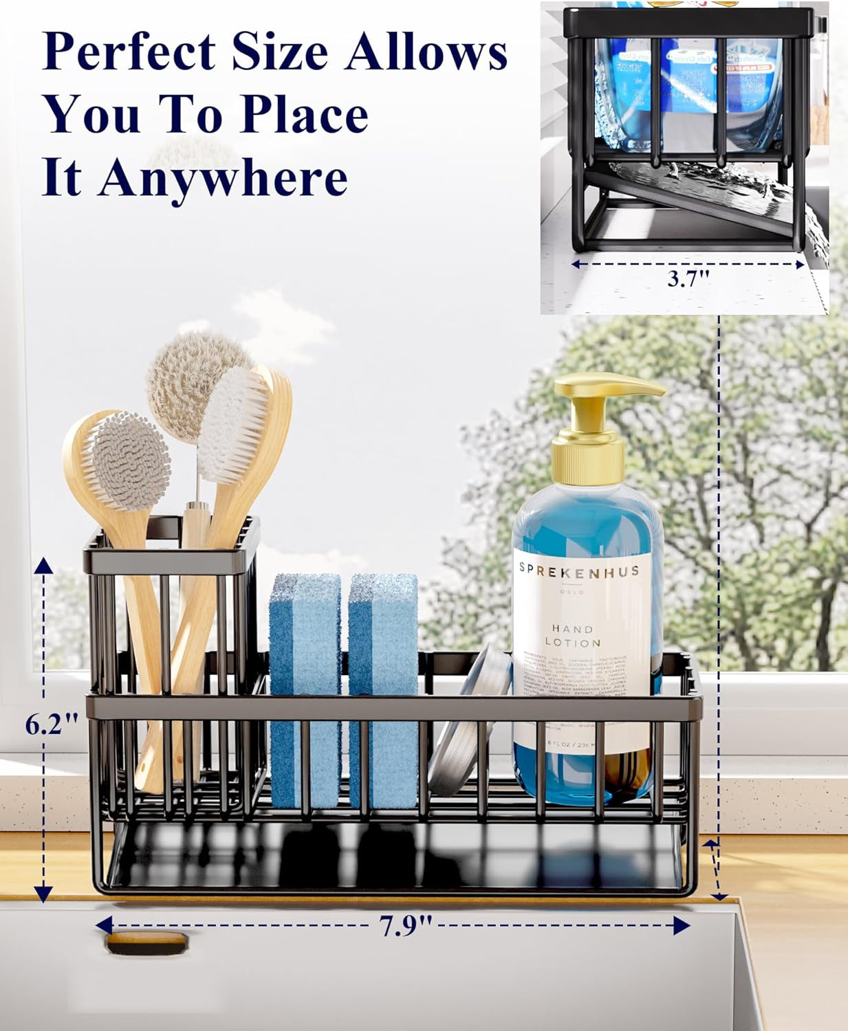 Stainless Steel Kitchen Sink Caddy - Rustproof Sponge & Brush Holder, Black
