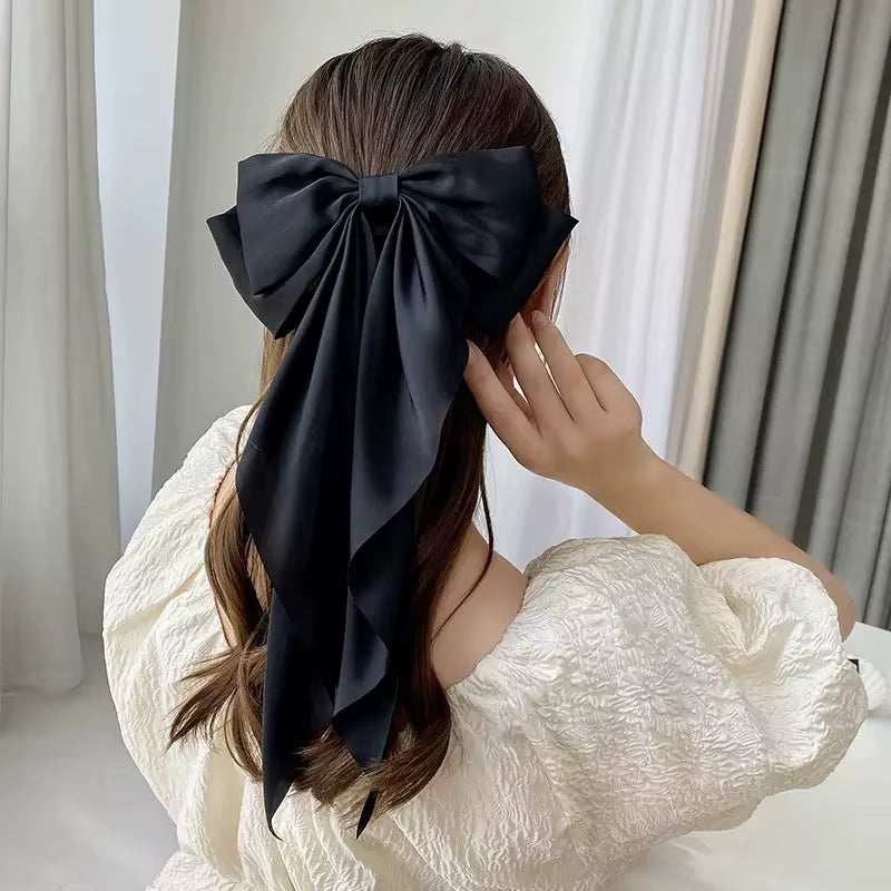 Elegant Solid Large Bow Ribbon Hair Clip for Women Girl Sweet Headbands Soft Satin
