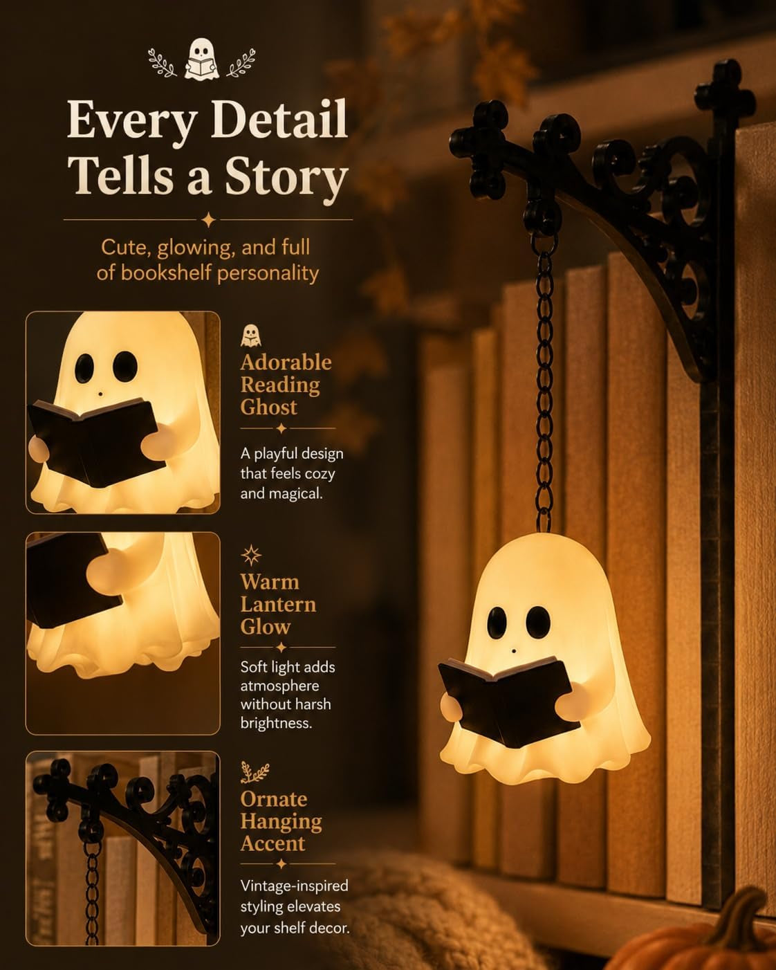 Spooky Ghost Reading Book Lamp Warm LED Night Light for Bookshelf