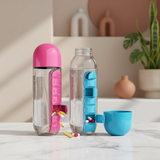 2-in-1 Water Bottle with Daily Pill Organizer | 600ml 7-Day Medicine Box