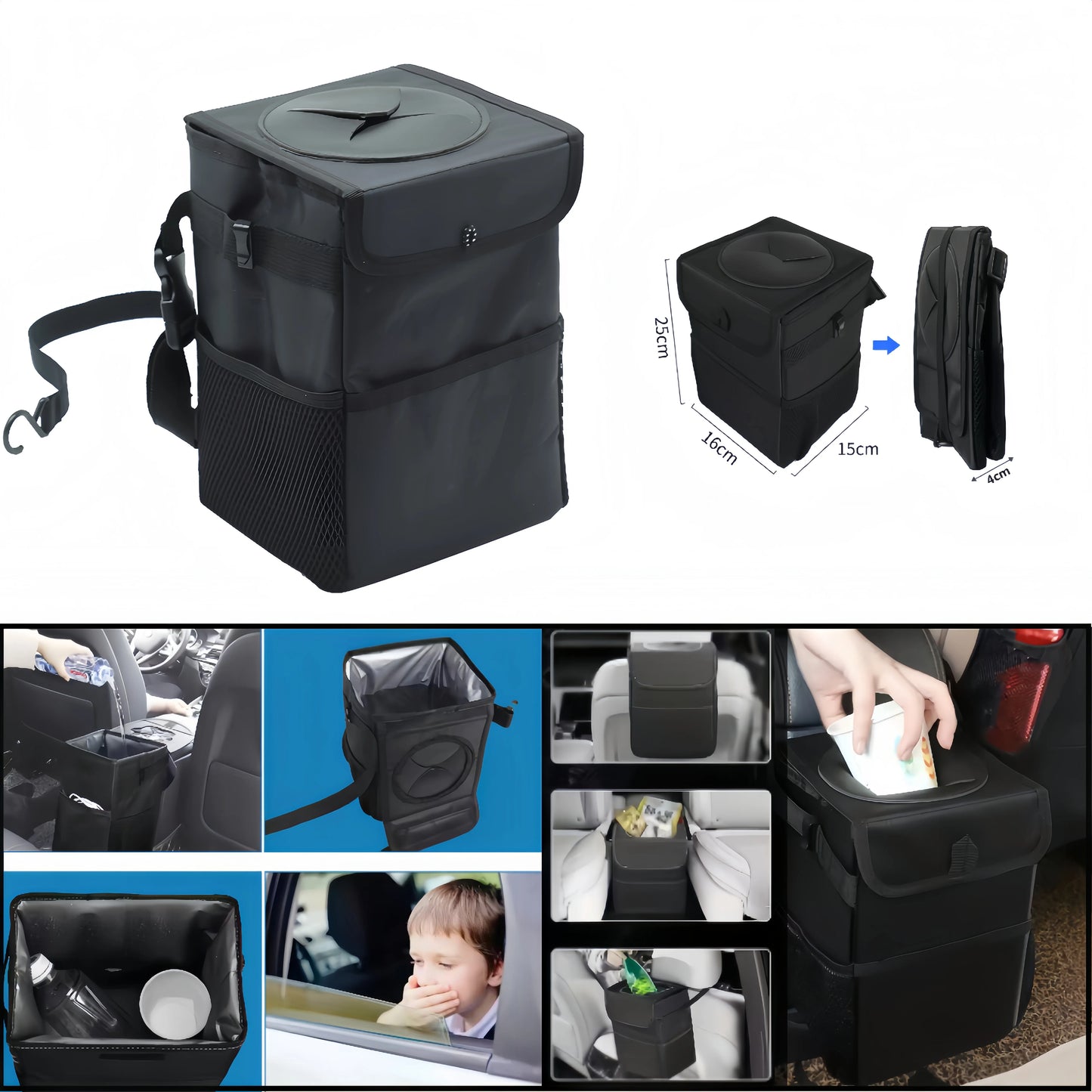 Portable Waterproof Car Trash Can with Lid and Pockets Leakproof Multi-Functional Auto Organizer for Vehicle Use