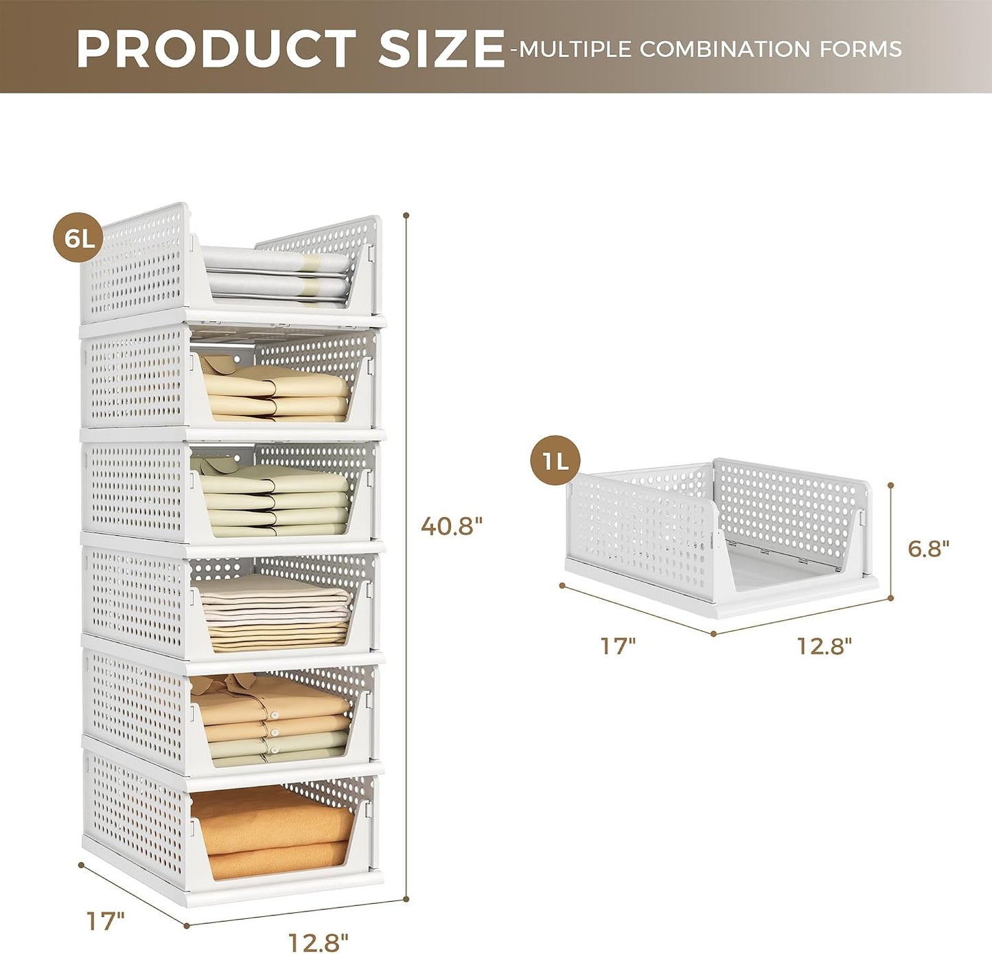 6 Pack Closet Organizer Storage Bins Stackable Plastic Drawer Shelf