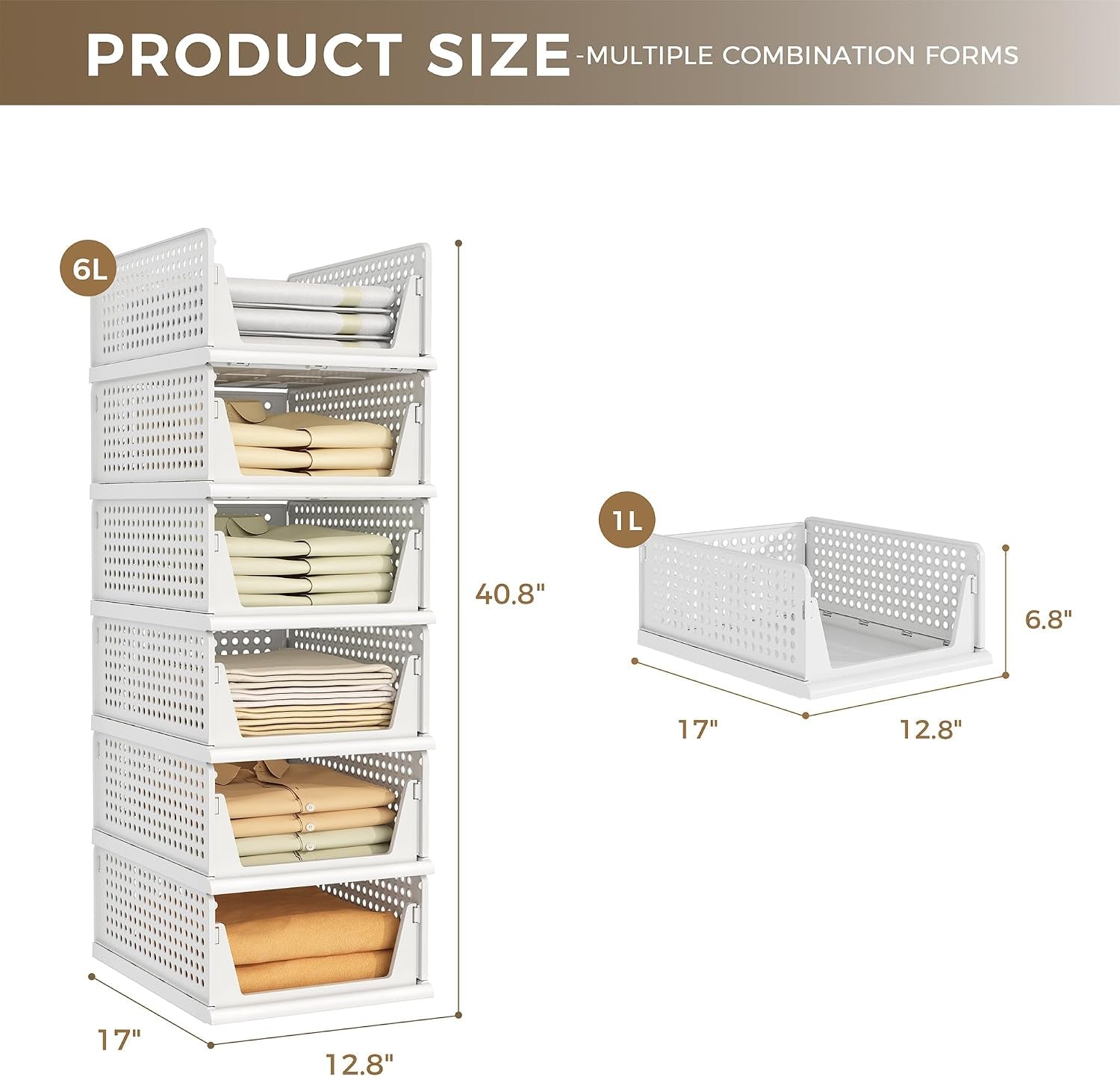 6 Pack Closet Organizer Storage Bins Stackable Plastic Drawer Shelf