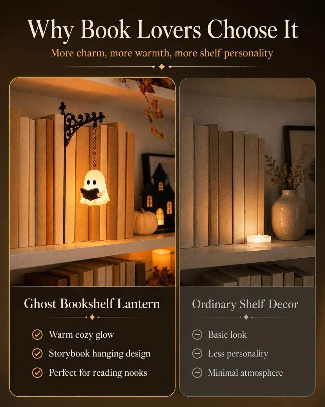 Spooky Ghost Reading Book Lamp Warm LED Night Light for Bookshelf