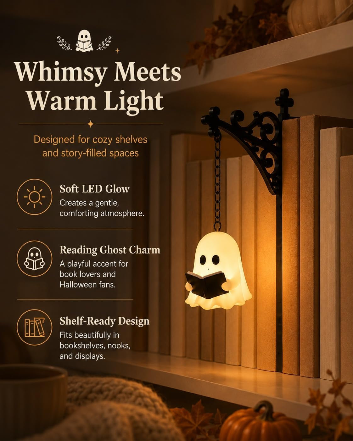 Spooky Ghost Reading Book Lamp Warm LED Night Light for Bookshelf