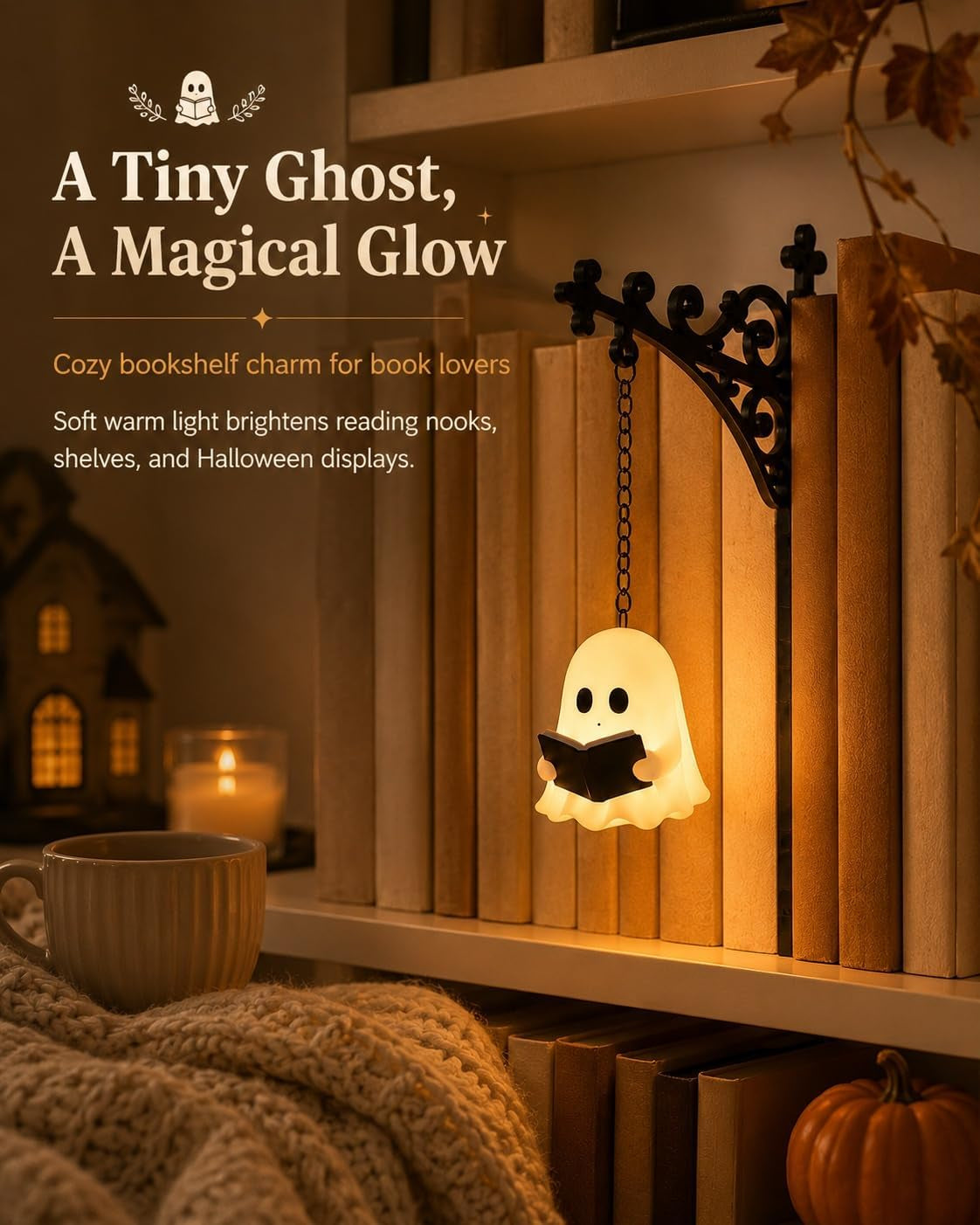 Spooky Ghost Reading Book Lamp Warm LED Night Light for Bookshelf