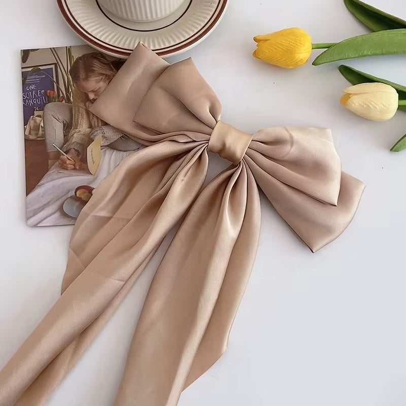 Elegant Solid Large Bow Ribbon Hair Clip for Women Girl Sweet Headbands Soft Satin
