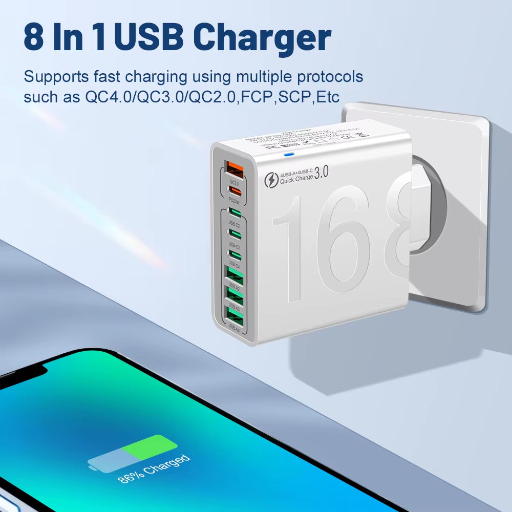 150W Multi Ports USB Charger Fast Charging Wall Adapter for Xiaomi Iphone Samsung Huawei PD Type C Travel