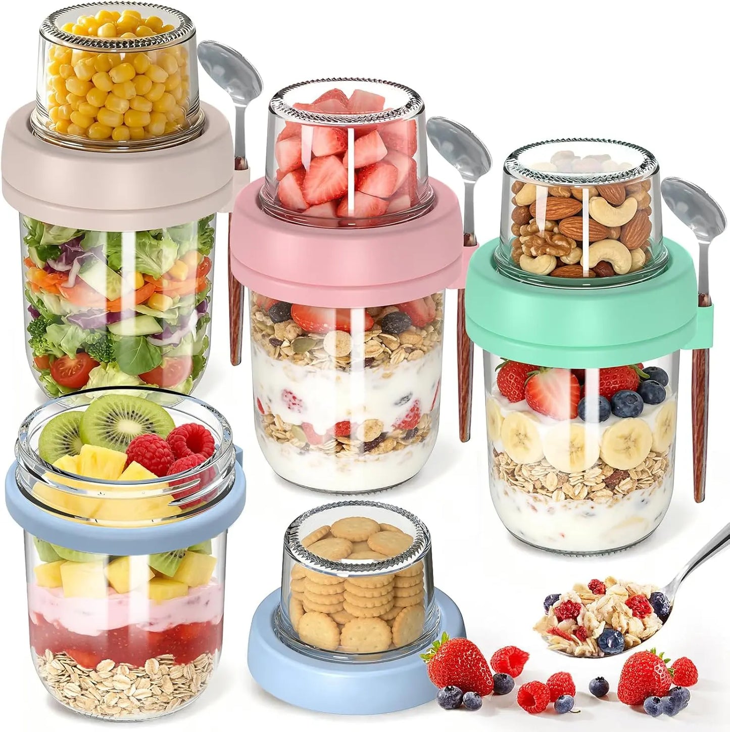 4-Pack Airtight Meal Prep Glass Food Storage Containers Set, 20Oz (16+4) Dual Compartment Anti-Leak Food-Safe Overnight Oats Jars with Lids, Utensil Spoons, Kitchen Accessories for Oats, Yogurt