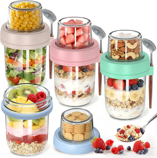 4-Pack Airtight Meal Prep Glass Food Storage Containers Set, 20Oz (16+4) Dual Compartment Anti-Leak Food-Safe Overnight Oats Jars with Lids, Utensil Spoons, Kitchen Accessories for Oats, Yogurt