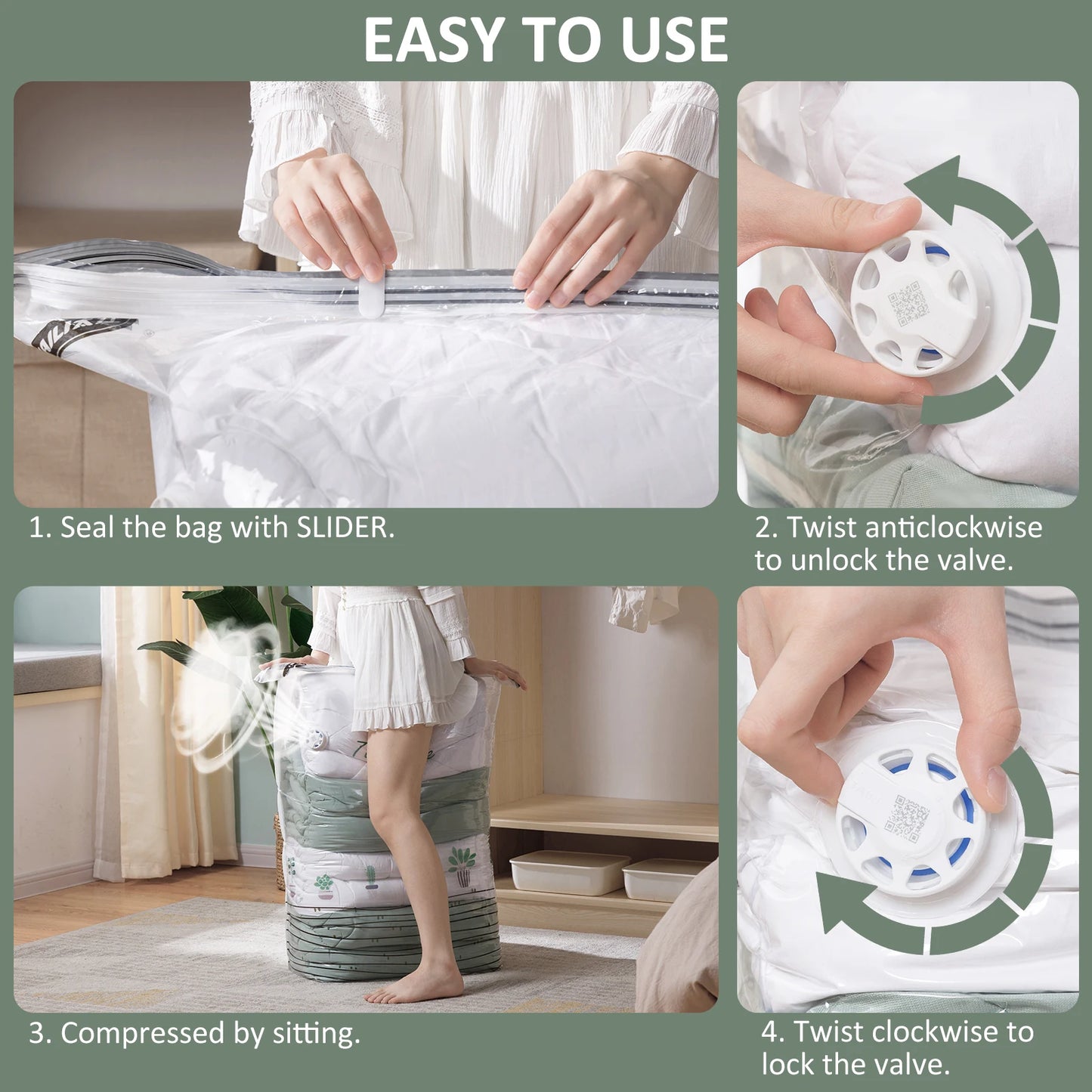 Tool-Free Vacuum Compression Bags for Comforters and Blankets