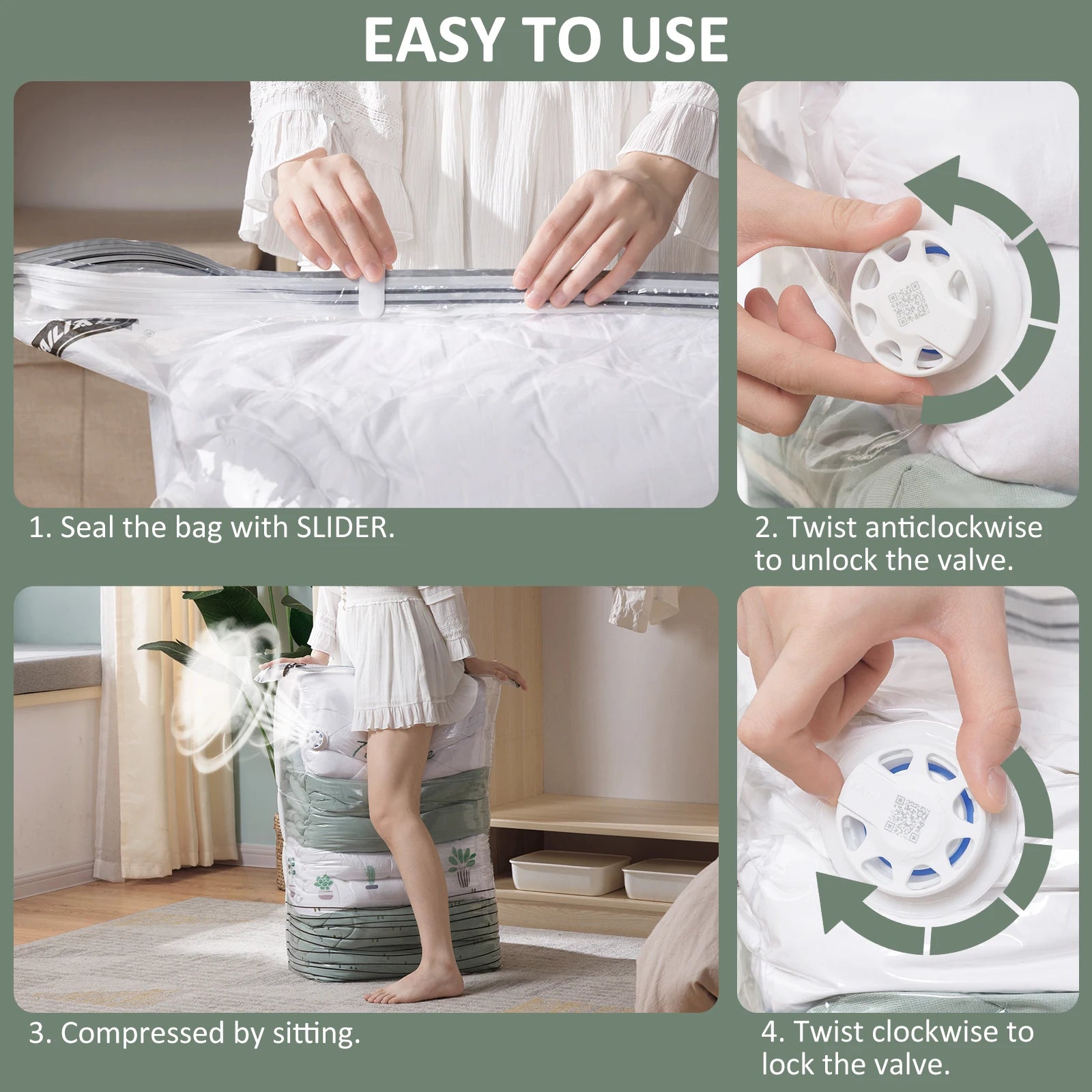 Tool-Free Vacuum Compression Bags for Comforters and Blankets