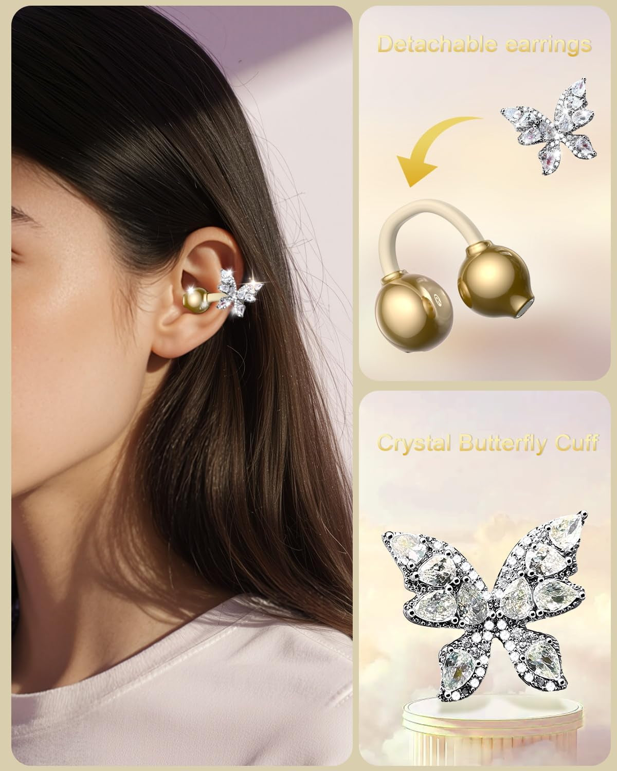 Bluetooth Wireless Open Ear Earbuds: Jewelry Clip on Headphones with Butterfly Earrings - Bluetooth 6.0 IPX5 Waterproof Earphones with Fashion Design Gift for Women Girl Sports and Workouts