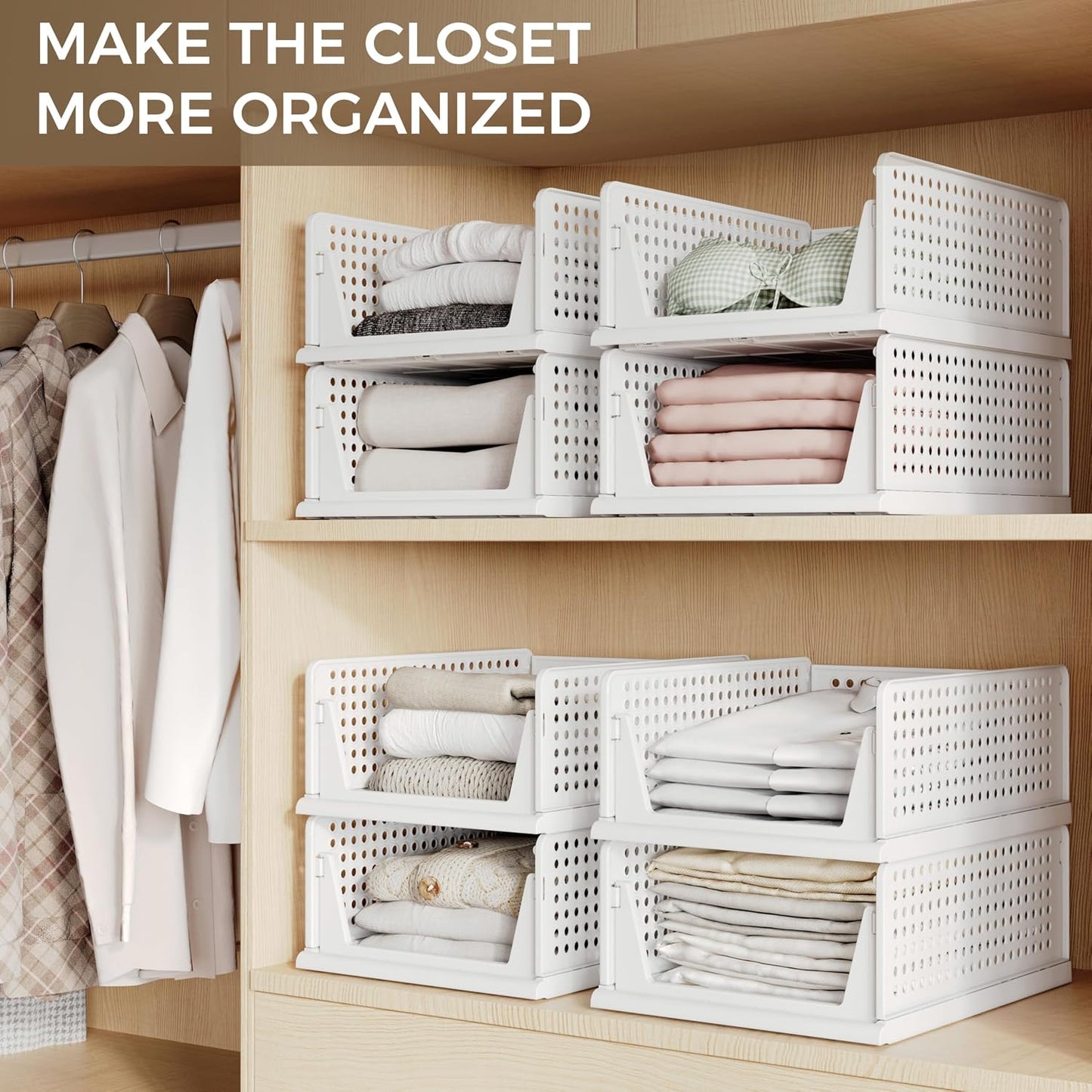 6 Pack Closet Organizer Storage Bins Stackable Plastic Drawer Shelf
