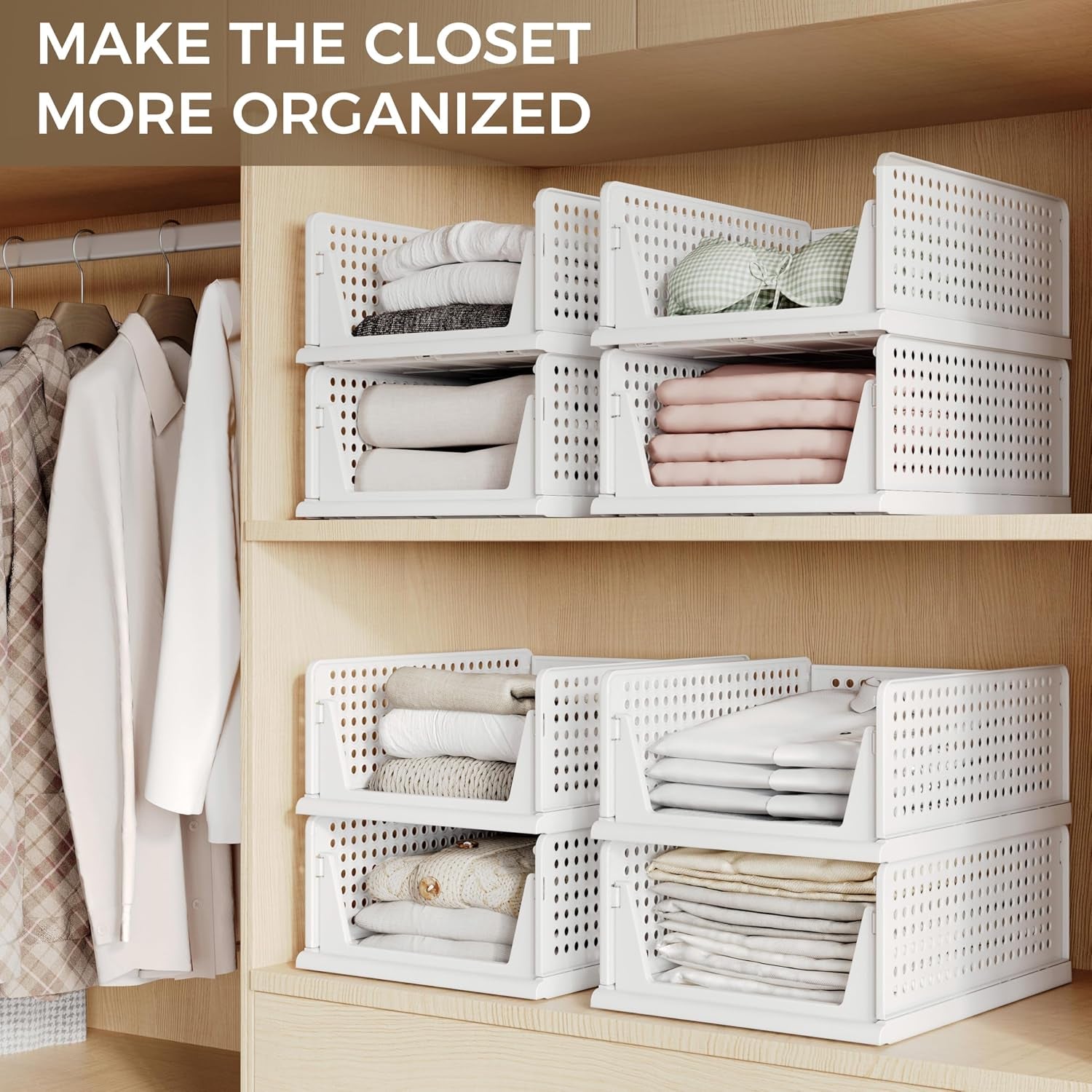 6 Pack Closet Organizer Storage Bins Stackable Plastic Drawer Shelf