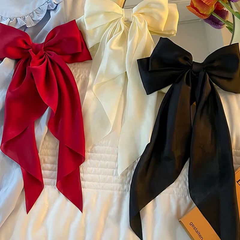 Elegant Solid Large Bow Ribbon Hair Clip for Women Girl Sweet Headbands Soft Satin